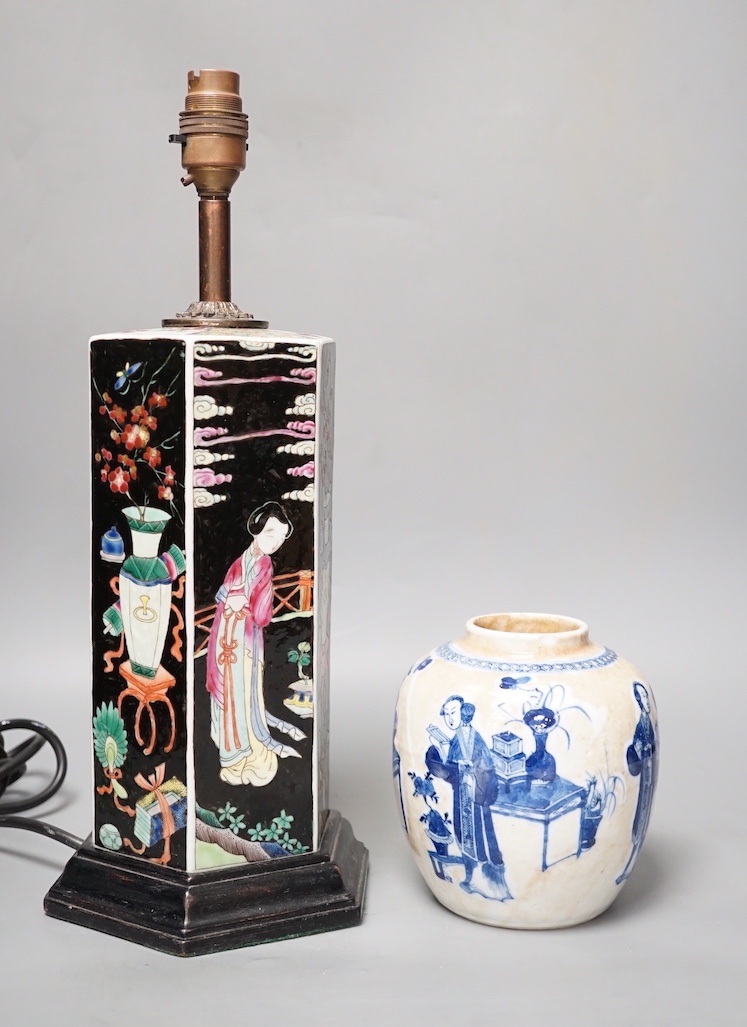 A Chinese famille noire hexagonal vase mounted as a lamp, total height 39 cm and a blue and white crackle glaze jar, late 19th century